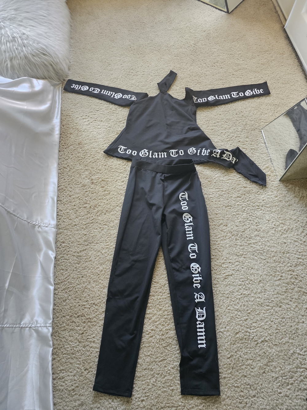"MYSTIQUE BOUTIQUE LA"  Black Two- Piece Legging & Crop Top Set w/ White Slogan